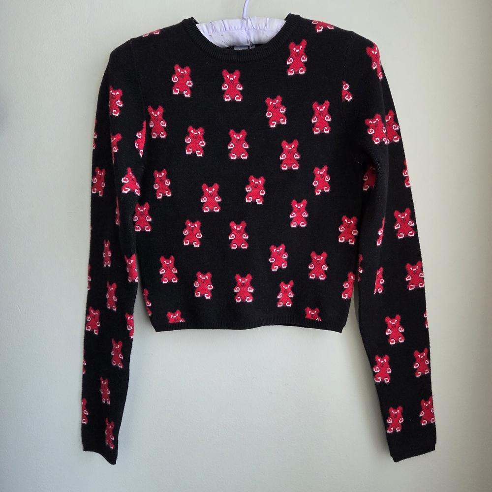 Twik EUC Simons Black Cropped Sweater  Fun Cute Red Bear Pattern XS